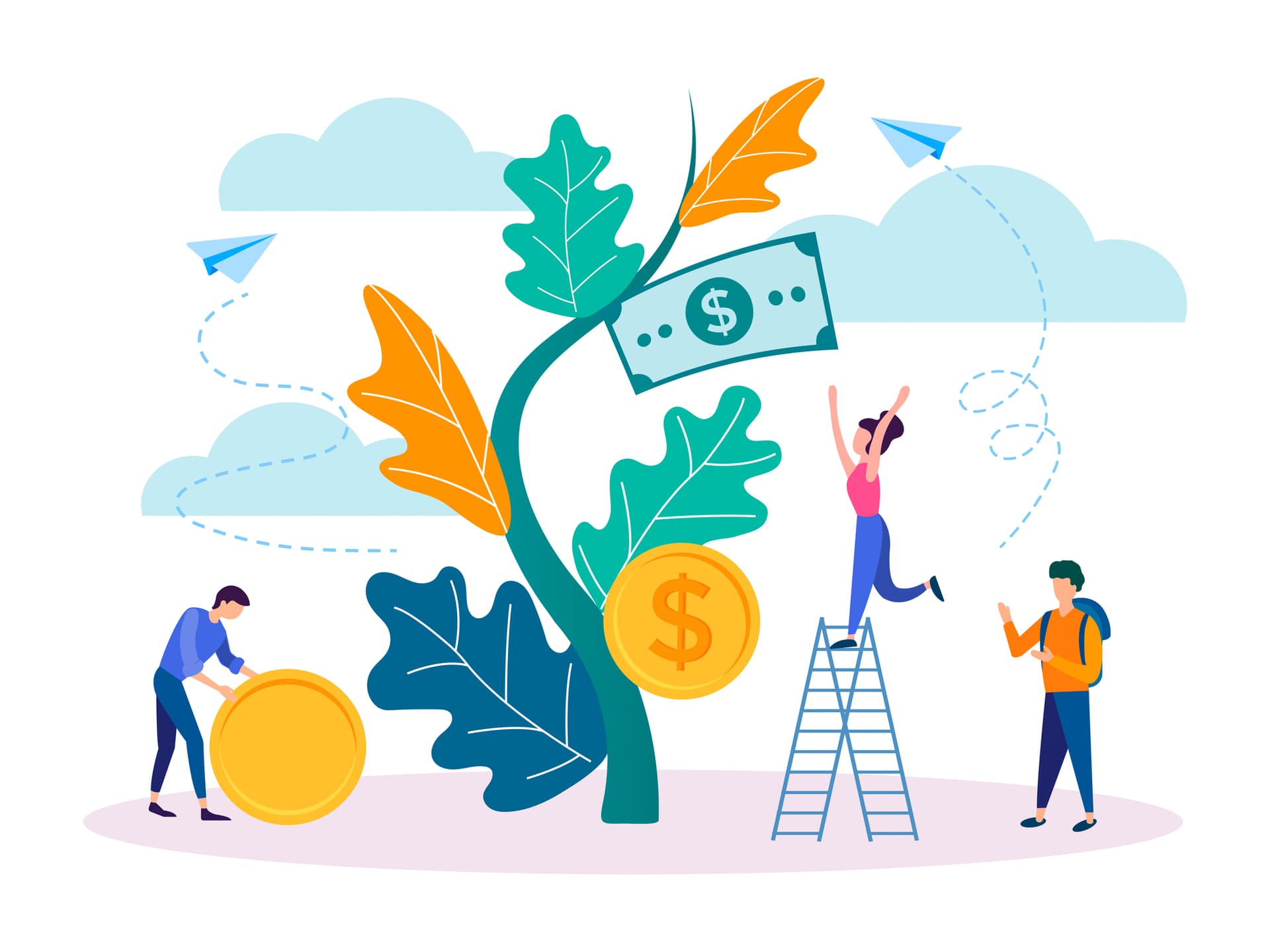 The concept of income growth, young people collect dividends from the growth of a successful business. Vector illustration for social media marketing, posters and presentations.