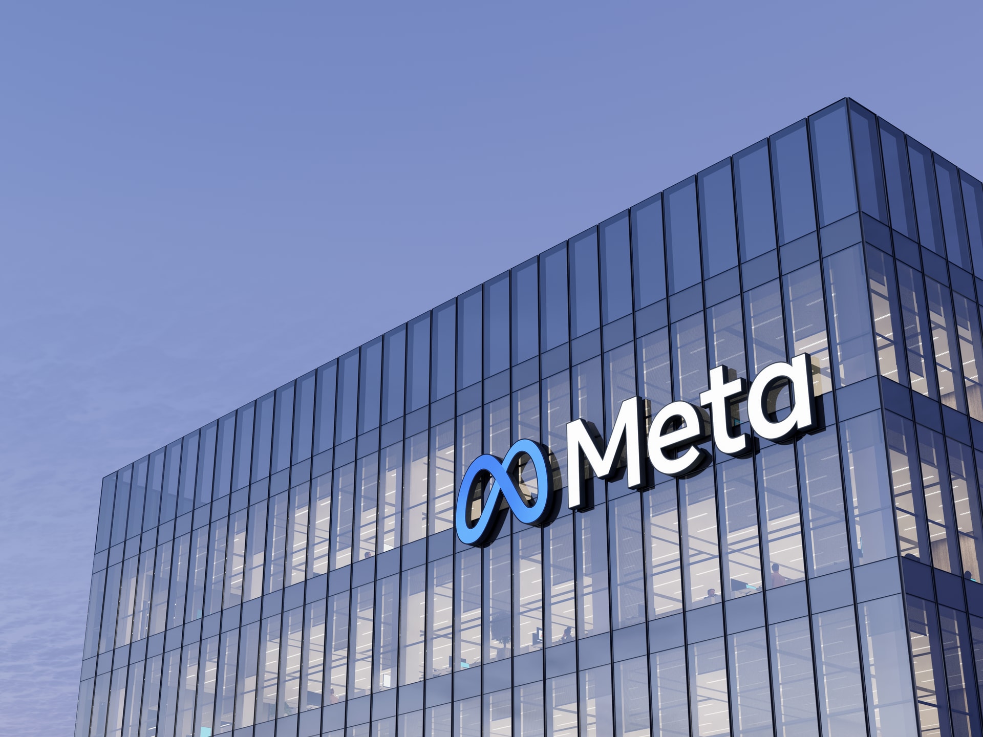 Menlo Park, California, USA. January 9, 2022. Editorial Use Only, 3D CGI. Meta Signage Logo on Top of Glass Building. Metaverse Workplace Technology Service Company High-rise Office Headquarters.